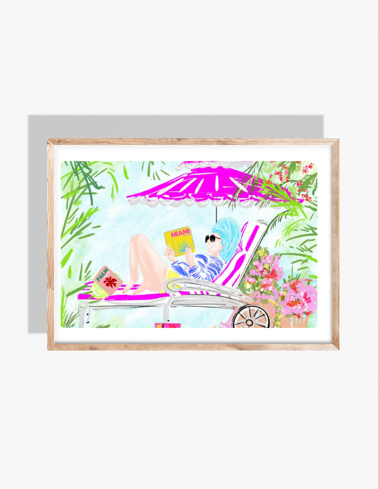 Illustrated art print of a woman lounging poolside under a pink umbrella, reading a book, surrounded by tropical greenery and flowers, by Rebecca Illustrated.