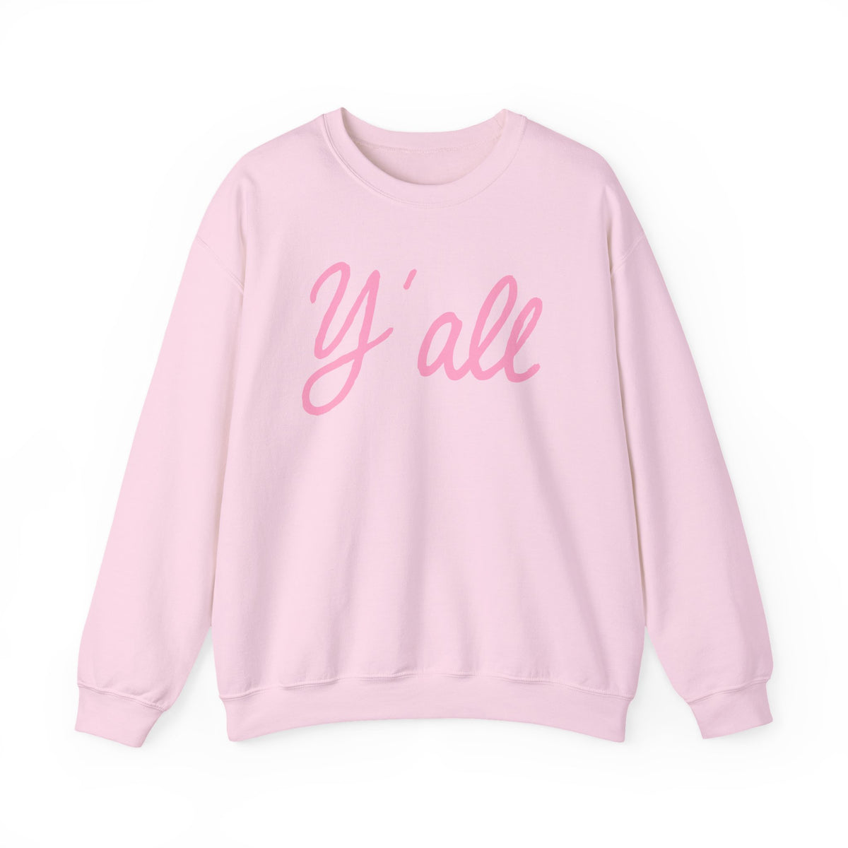 Crewneck sweatshirt with pink ‘Y’all’ script lettering on the front, hand illustrated by Rebecca Illustrated, available in white, pink, and grey.