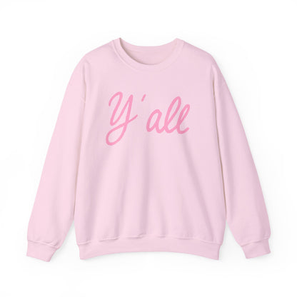 Crewneck sweatshirt with pink ‘Y’all’ script lettering on the front, hand illustrated by Rebecca Illustrated, available in white, pink, and grey.
