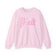 Crewneck sweatshirt with pink ‘Y’all’ script lettering on the front, hand illustrated by Rebecca Illustrated, available in white, pink, and grey.