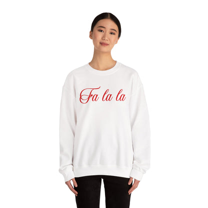 White sweatshirt with 'Fa la la' text worn by a person on a white background