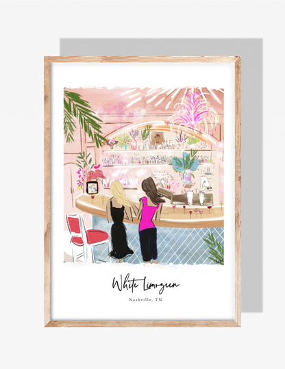 Illustrated art print of White Limozeen rooftop bar in Nashville with two women at the pink bar, by Rebecca Illustrated.