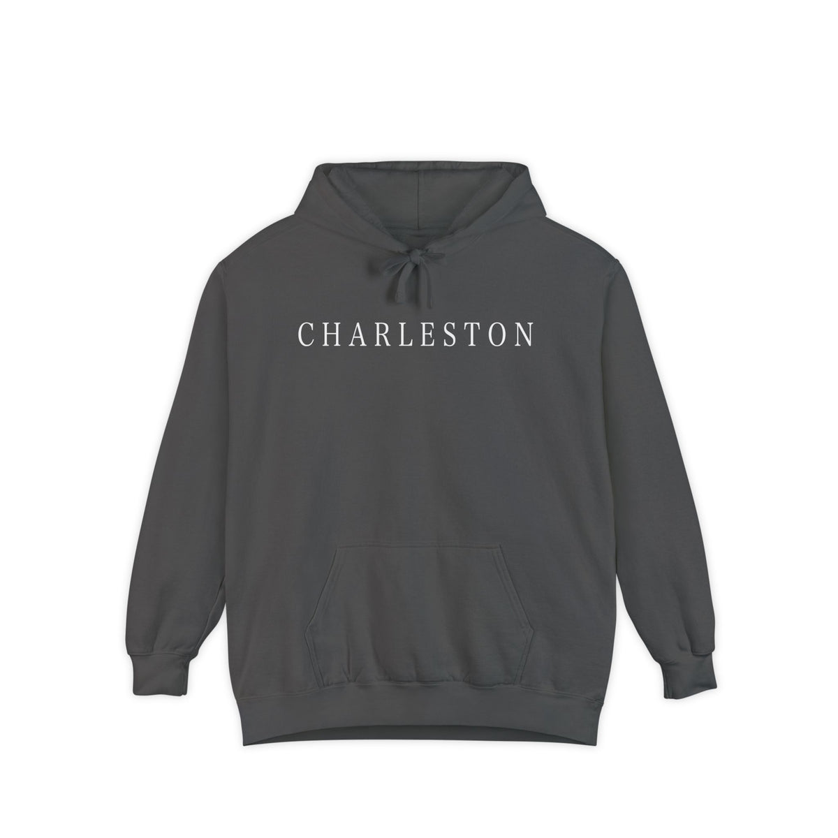 pullover hoodie with minimalist white ‘Charleston’ lettering on the chest, hand designed by Rebecca Illustrated; available in multiple colors.