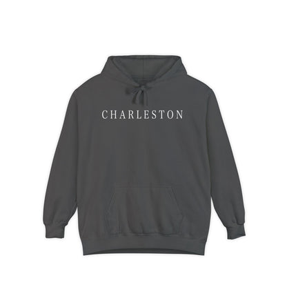 pullover hoodie with minimalist white ‘Charleston’ lettering on the chest, hand designed by Rebecca Illustrated; available in multiple colors.