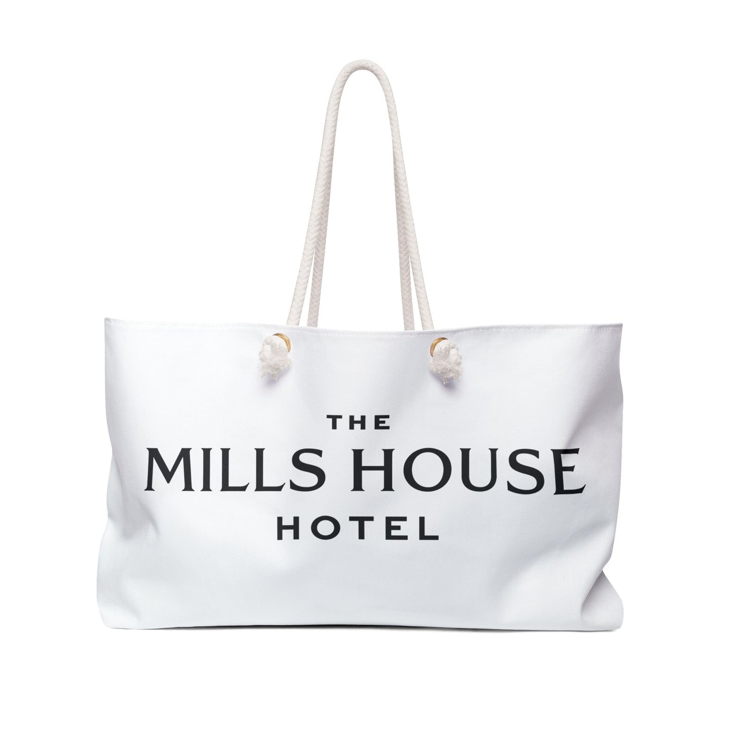 White tote bag with The Mills House Hotel text by Rebecca Illustrated