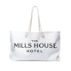 White tote bag with The Mills House Hotel text by Rebecca Illustrated