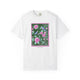 White t-shirt with a floral and bird design on a white background
