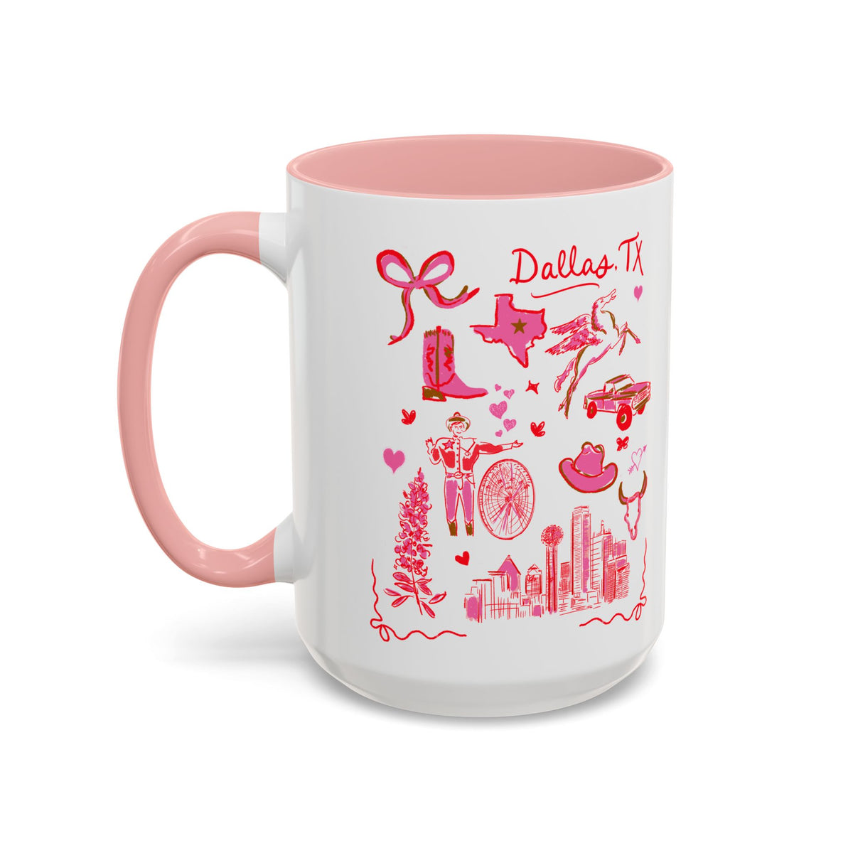 Ceramic mug featuring pink and red Dallas, Texas illustrations including cowboy boots, skyline, state of Texas, and western icons, original art by Rebecca Illustrated.