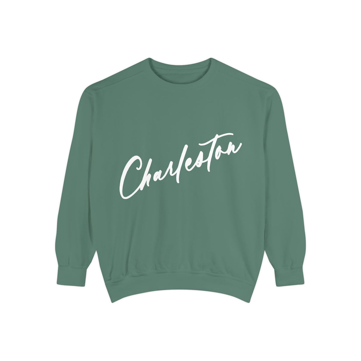 Green sweatshirt with 'Charleston' text on a white background