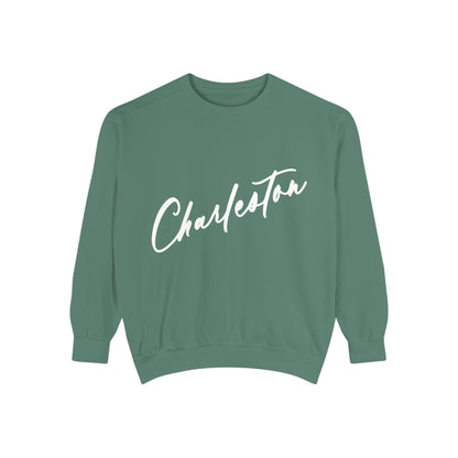Green sweatshirt with 'Charleston' text on a white background