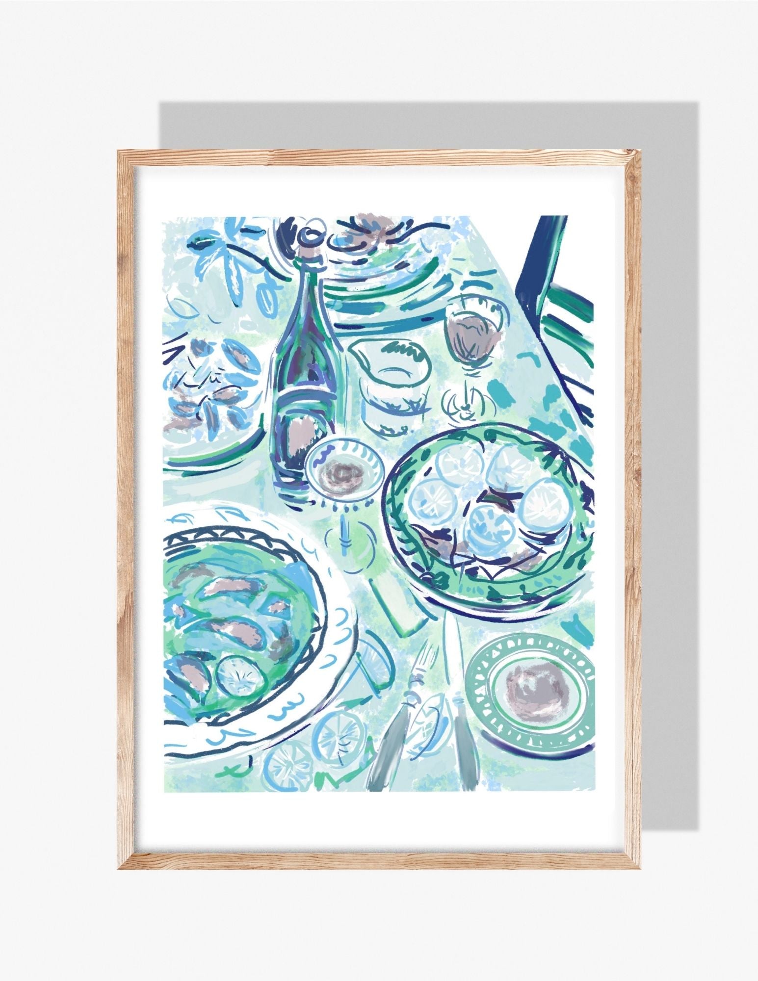Illustration of a coastal table setting with oysters, lemons, wine glasses, and serving dishes — art by Rebecca Illustrated