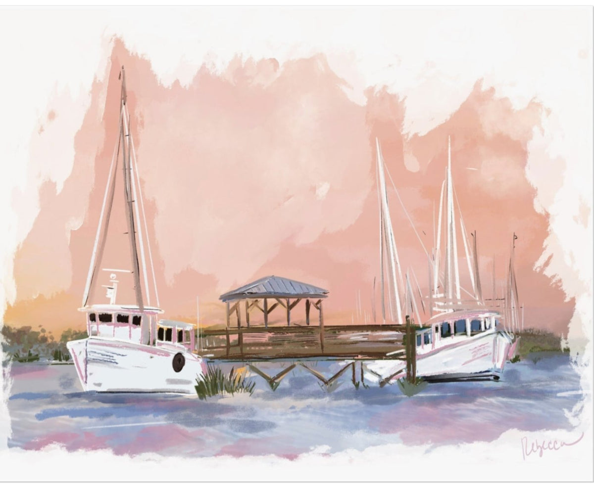 Watercolor illustration of sailboats docked at a wooden pier during a soft pastel sunset, painted by Rebecca Illustrated.