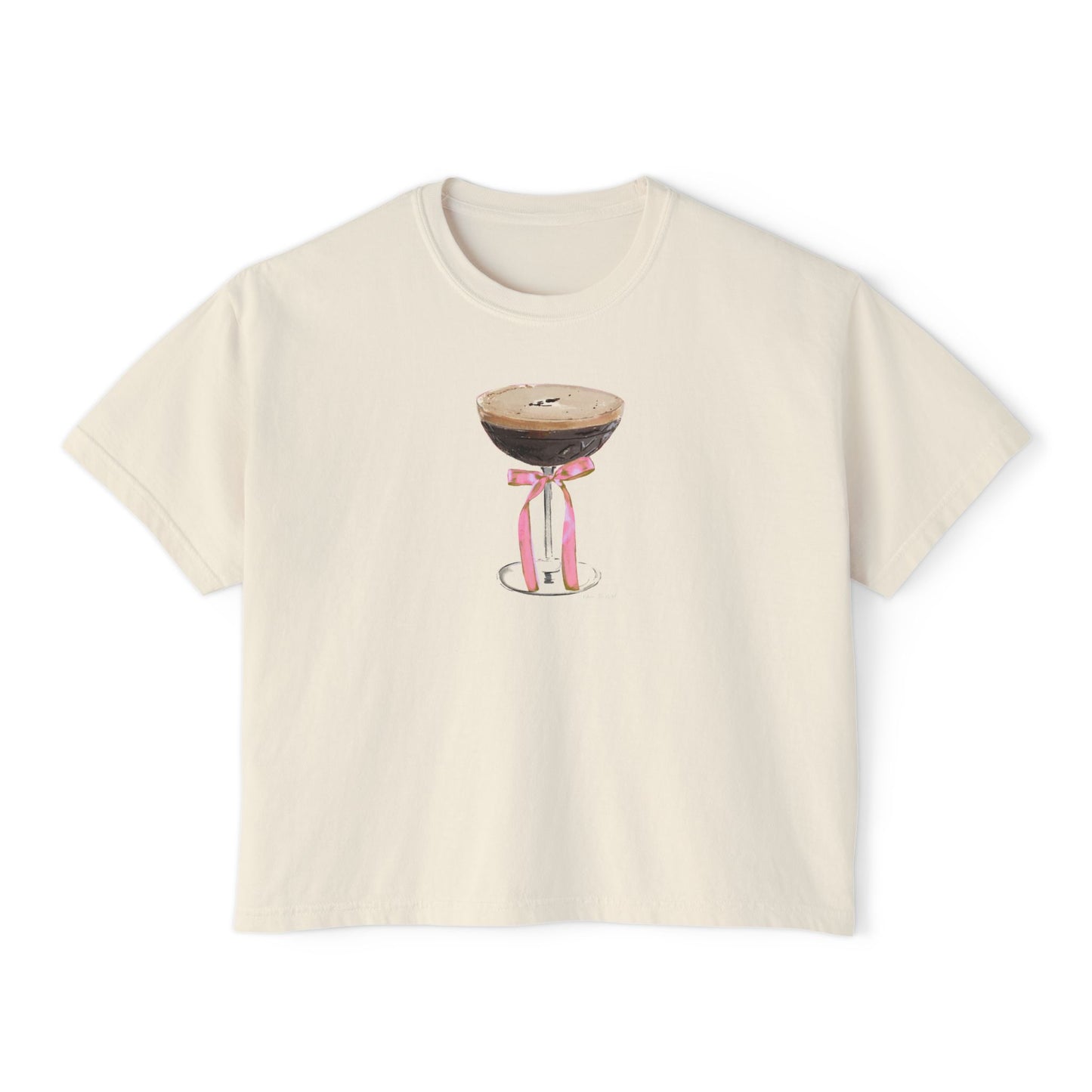 Cream cropped t-shirt featuring a hand-drawn espresso martini glass with a pink ribbon illustration by Rebecca Illustrated.