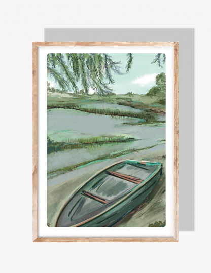 Green rowboat on a serene marsh landscape with overhanging willow branches — illustrated artwork by Rebecca Illustrated