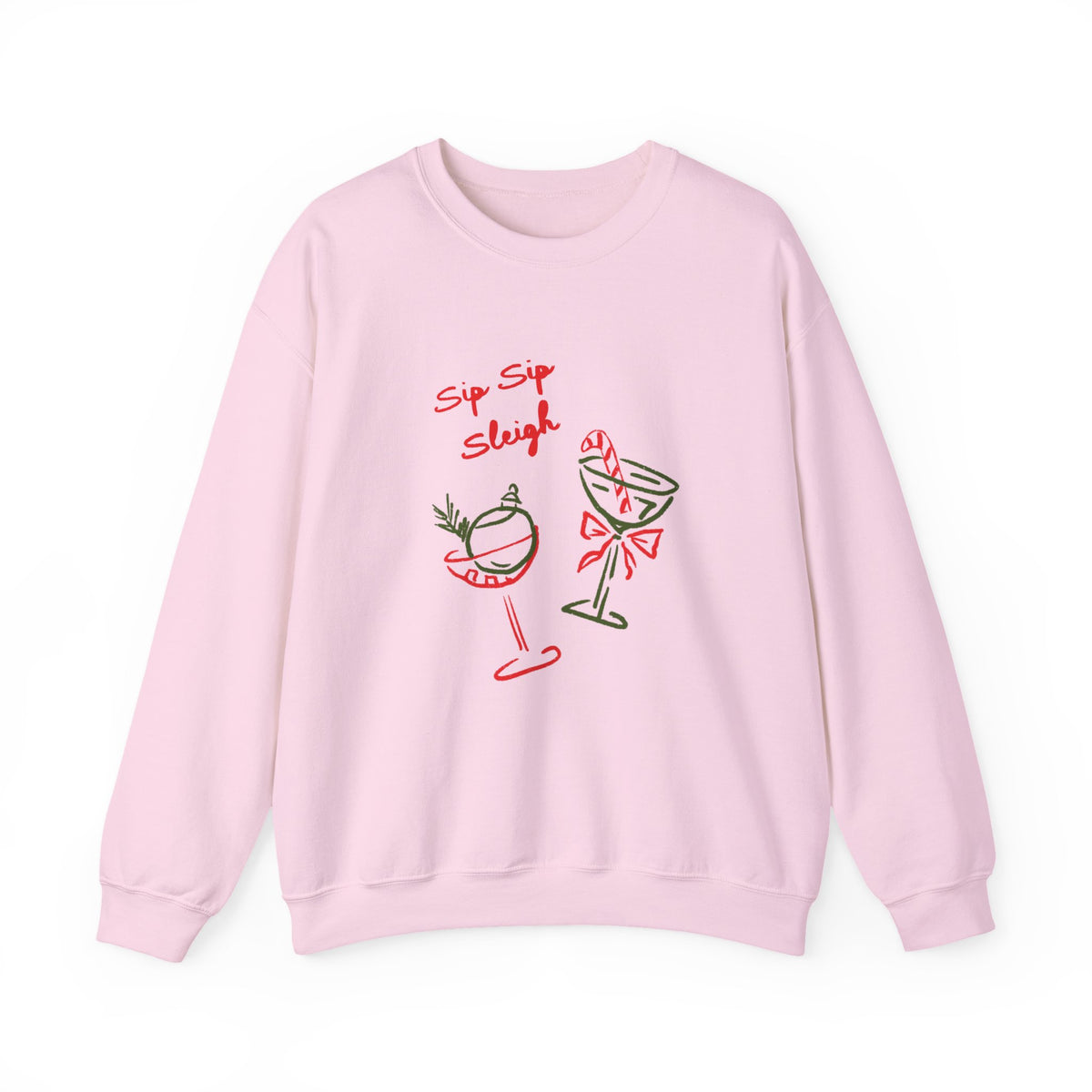 crewneck sweatshirt with ‘Sip Sip Sleigh’ holiday cocktail artwork in red and green, hand illustrated by Rebecca Illustrated