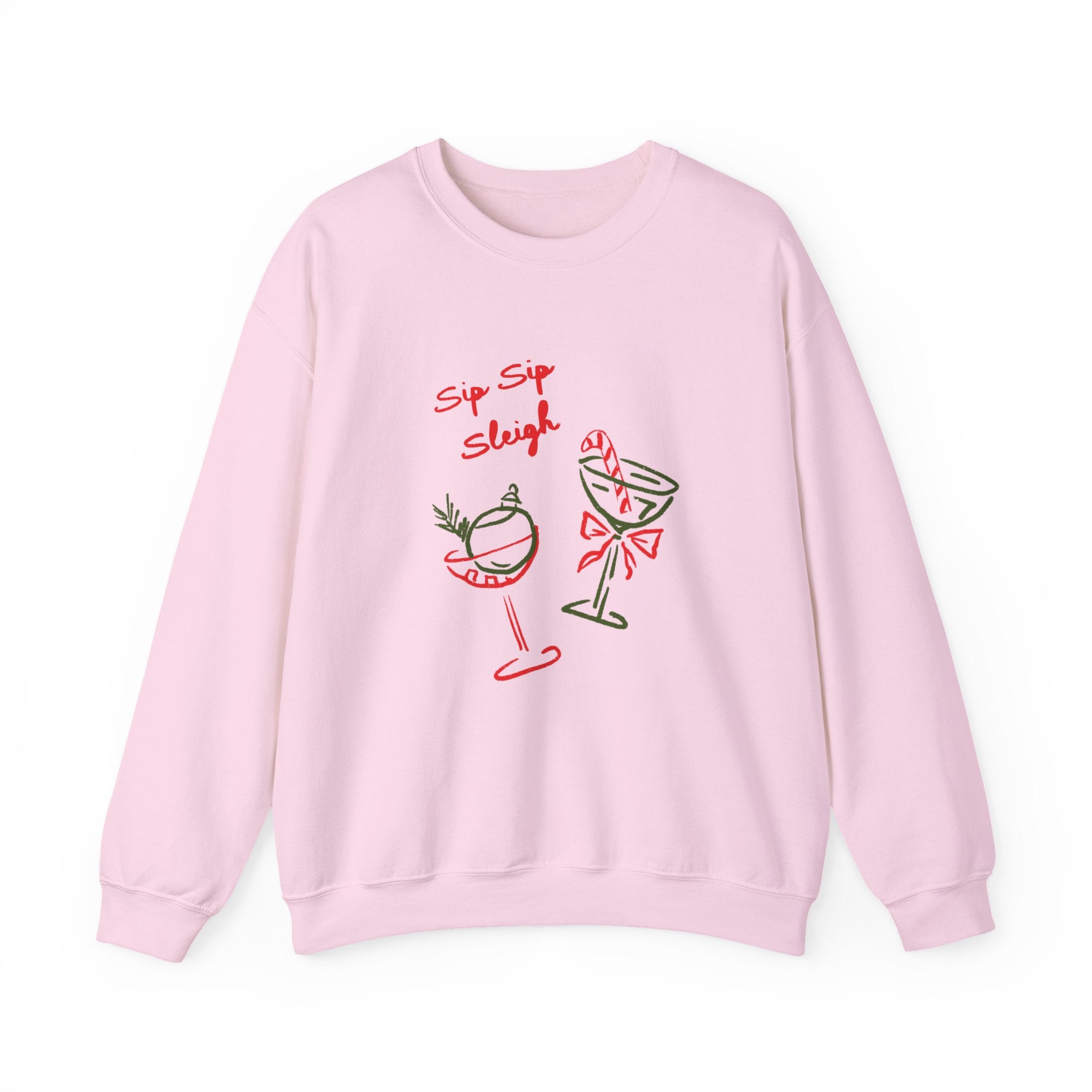 crewneck sweatshirt with ‘Sip Sip Sleigh’ holiday cocktail artwork in red and green, hand illustrated by Rebecca Illustrated