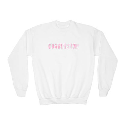 Youth white crewneck sweatshirt featuring pink gingham ‘Charleston’ lettering on the front, illustrated by Rebecca Illustrated.