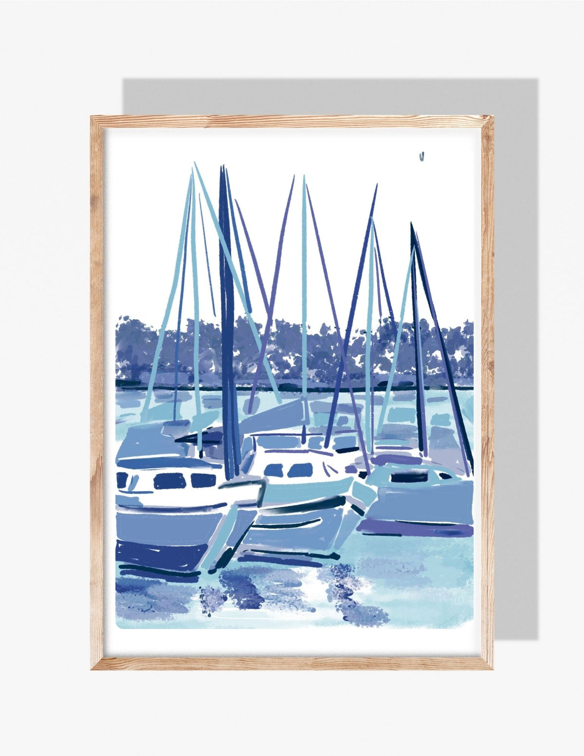 Illustration of blue sailboats docked in a harbor with tall masts — nautical coastal art by Rebecca Illustrated.