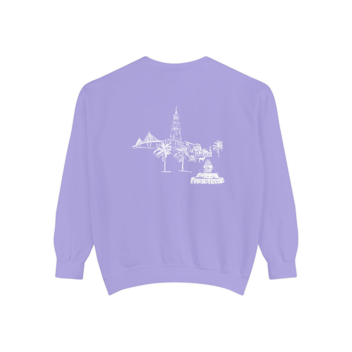 Back view of Charleston crewneck sweatshirt featuring matching Charleston skyline design, original art by Rebecca Illustrated.