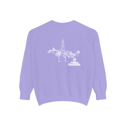 Back view of Charleston crewneck sweatshirt featuring matching Charleston skyline design, original art by Rebecca Illustrated.