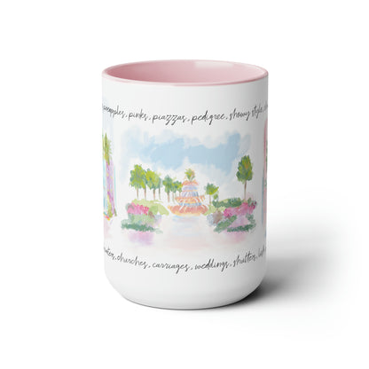 Ceramic mug featuring a pastel watercolor illustration of Charleston, South Carolina with Rainbow Row homes, fountains, and handwritten Charleston quote, illustrated by Rebecca Illustrated.