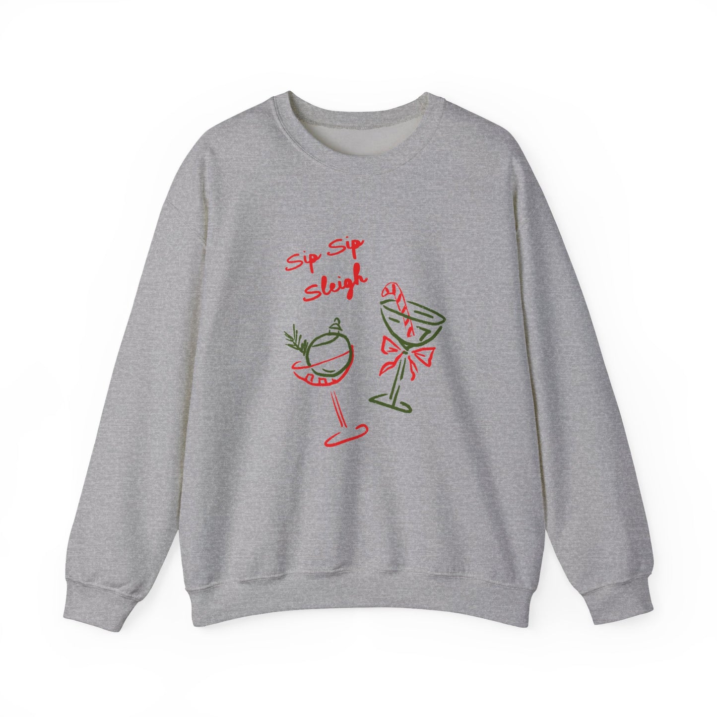 crewneck sweatshirt with ‘Sip Sip Sleigh’ holiday cocktail artwork in red and green, hand illustrated by Rebecca Illustrated