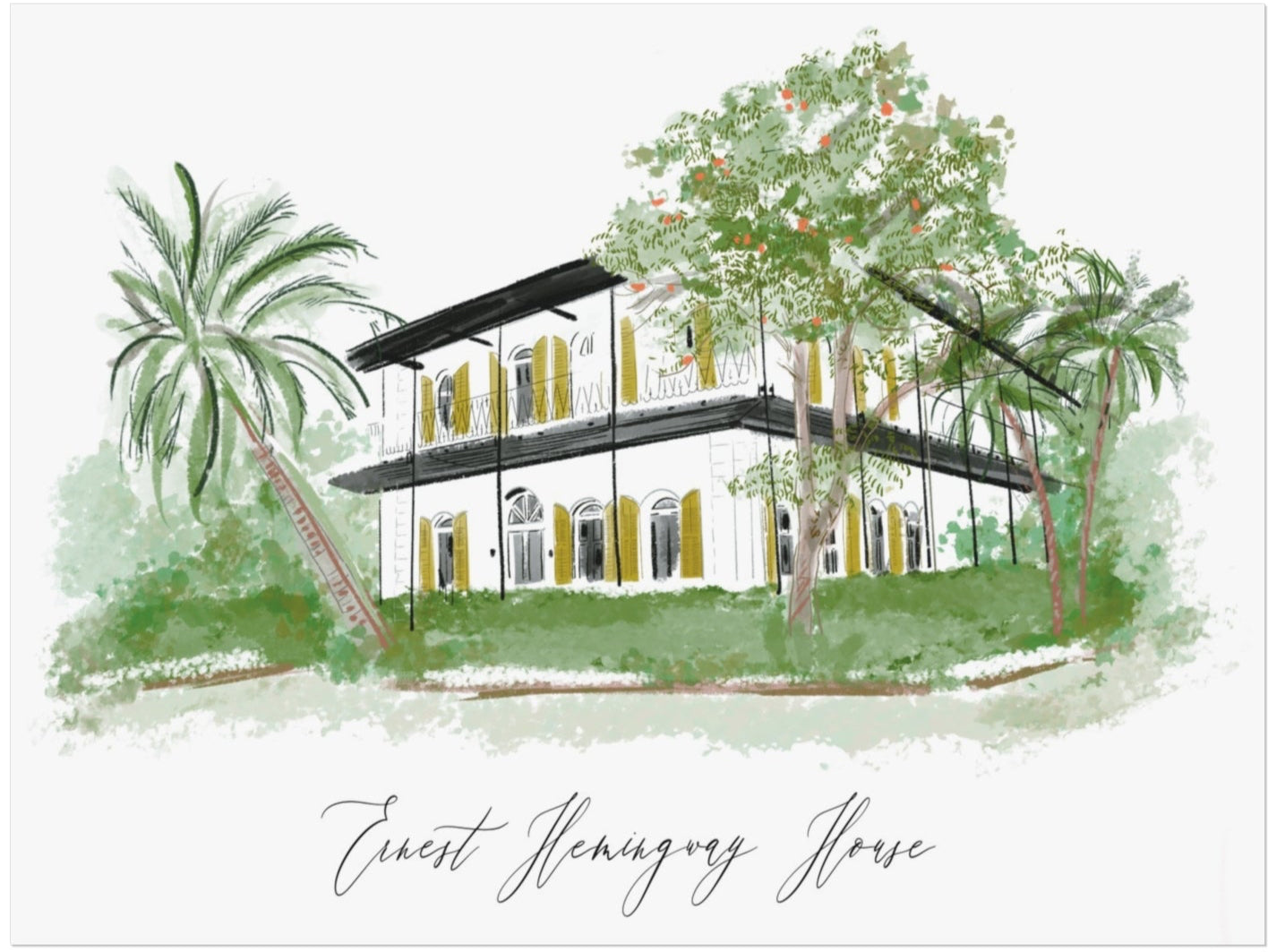 Illustration of the Ernest Hemingway House in Key West with tropical palm trees and lush greenery — artwork by Rebecca Illustrated