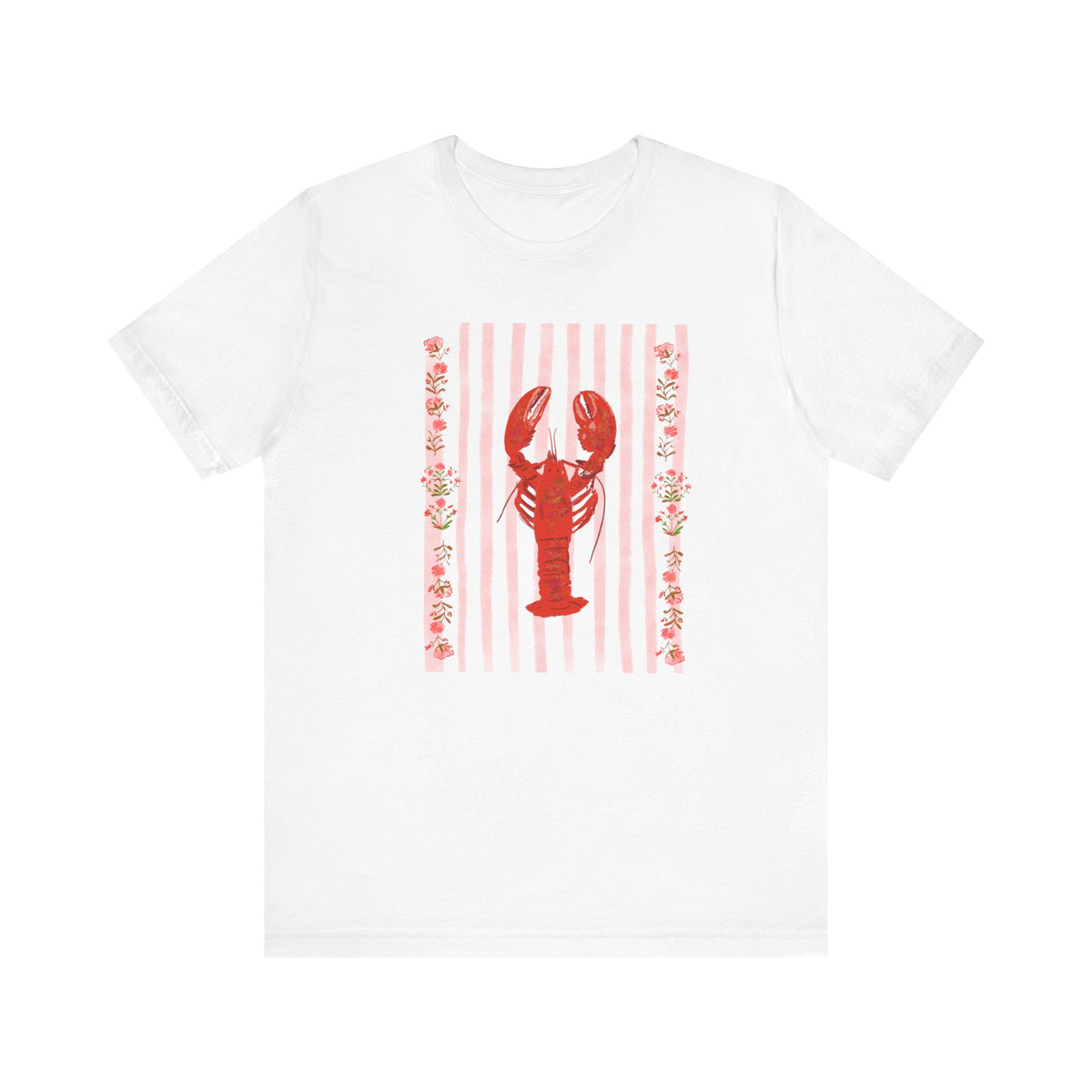 White t-shirt with a red lobster illustration on pink vertical stripes and floral border, hand-drawn by Rebecca Illustrated.