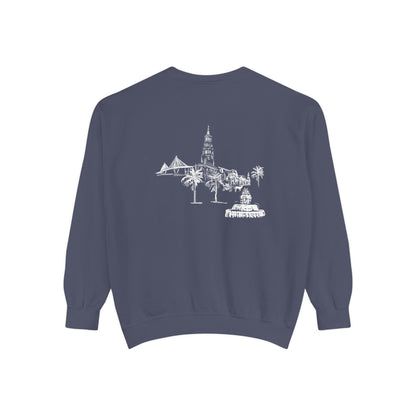 Back view of Charleston crewneck sweatshirt featuring matching Charleston skyline design, original art by Rebecca Illustrated.