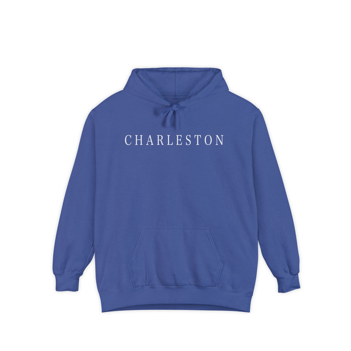pullover hoodie with minimalist white ‘Charleston’ lettering on the chest, hand designed by Rebecca Illustrated; available in multiple colors
