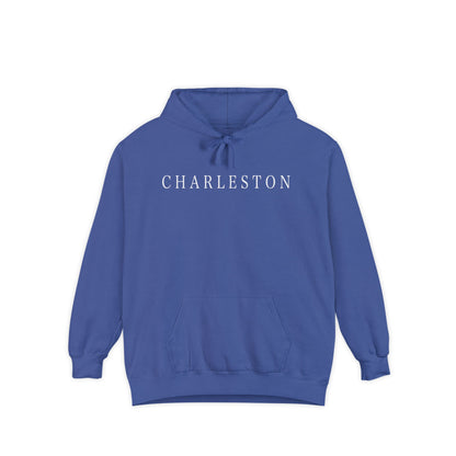 pullover hoodie with minimalist white ‘Charleston’ lettering on the chest, hand designed by Rebecca Illustrated; available in multiple colors