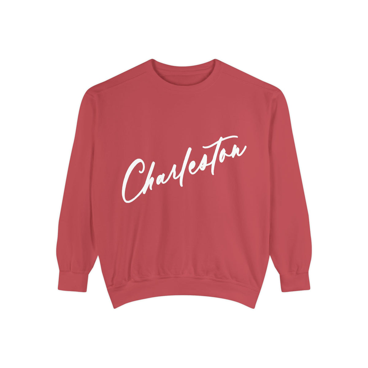 Red sweatshirt with 'Charleston' printed in white on a white background