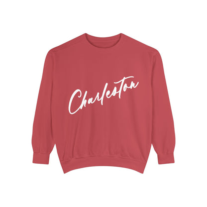 Red sweatshirt with 'Charleston' printed in white on a white background
