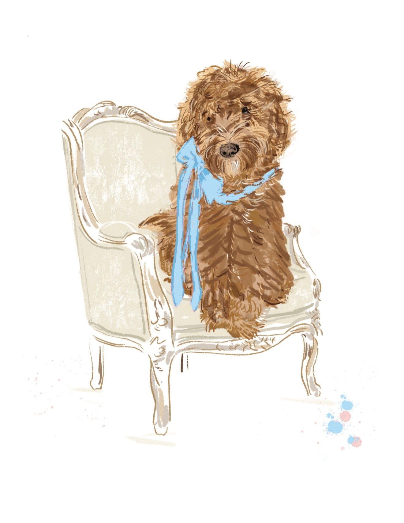 Illustration of a fluffy brown doodle dog sitting on a French-style chair with a blue bow — art by Rebecca Illustrated