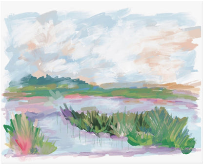 Abstract watercolor illustration of a coastal marsh landscape with soft sky, water, and grasses, painted by Rebecca Illustrated.