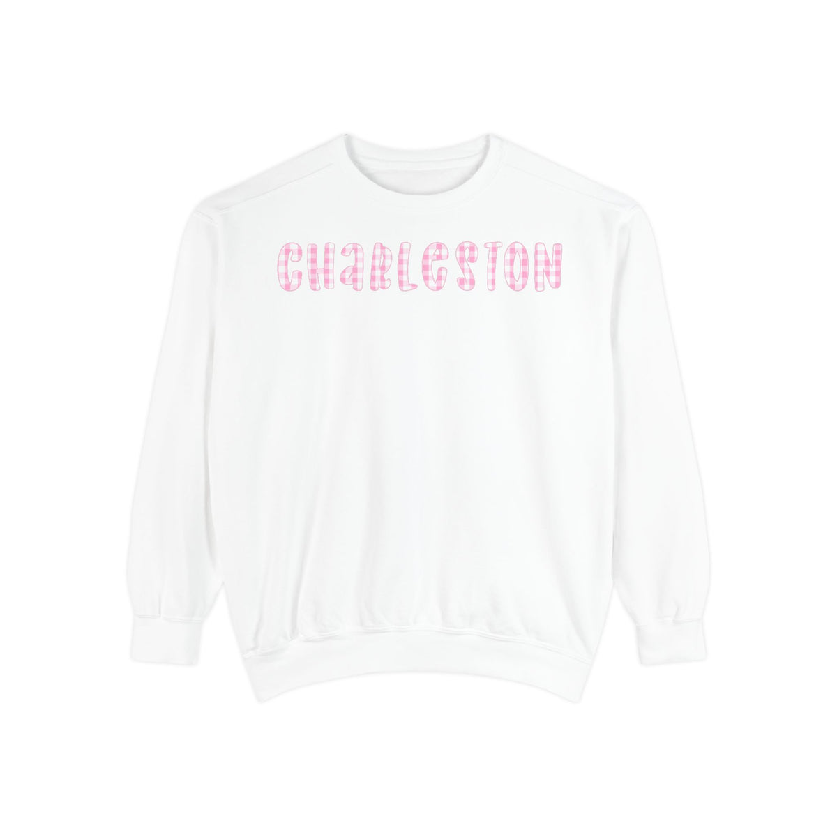 White crewneck sweatshirt with pink gingham ‘Charleston’ lettering across the chest, hand illustrated by Rebecca Illustrated.