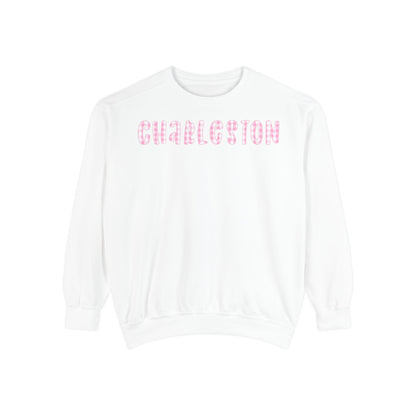 White crewneck sweatshirt with pink gingham ‘Charleston’ lettering across the chest, hand illustrated by Rebecca Illustrated.
