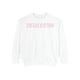 White crewneck sweatshirt with pink gingham ‘Charleston’ lettering across the chest, hand illustrated by Rebecca Illustrated.