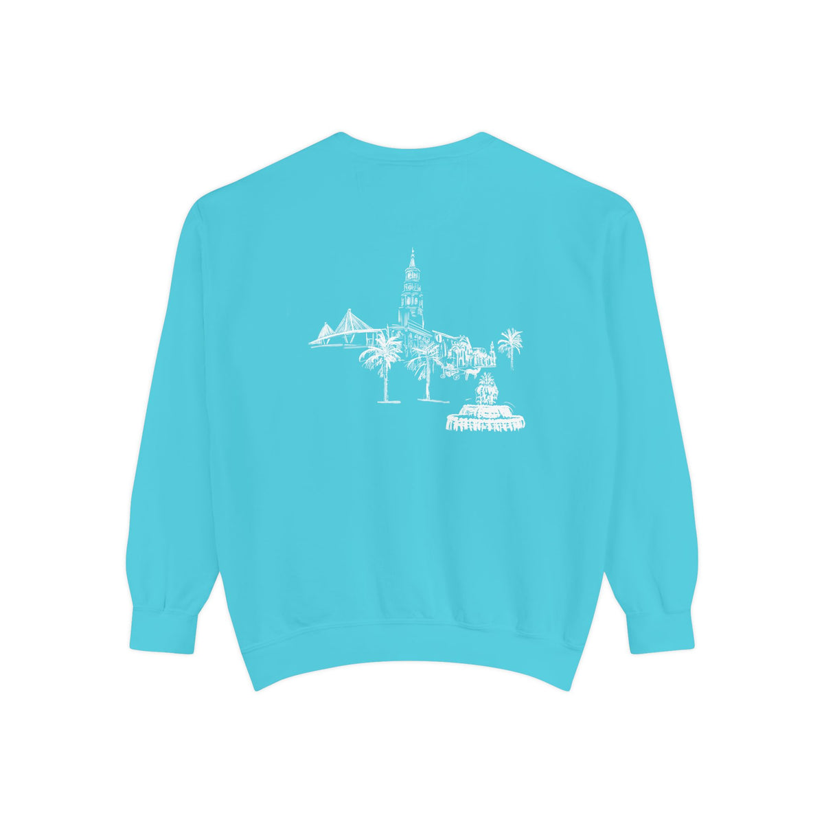 Back view of turquoise Charleston crewneck sweatshirt featuring matching Charleston skyline design, original art by Rebecca Illustrated.