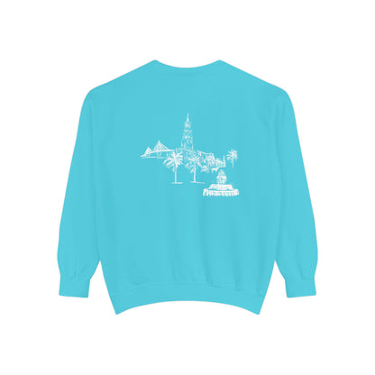 Back view of turquoise Charleston crewneck sweatshirt featuring matching Charleston skyline design, original art by Rebecca Illustrated.