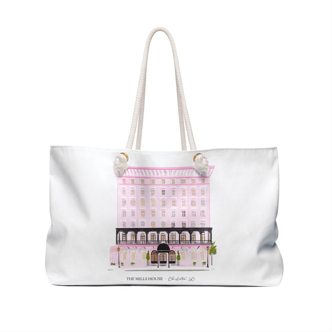 Illustrated Mills House Hotel tote bag featuring Charleston landmark artwork by Rebecca Illustrated