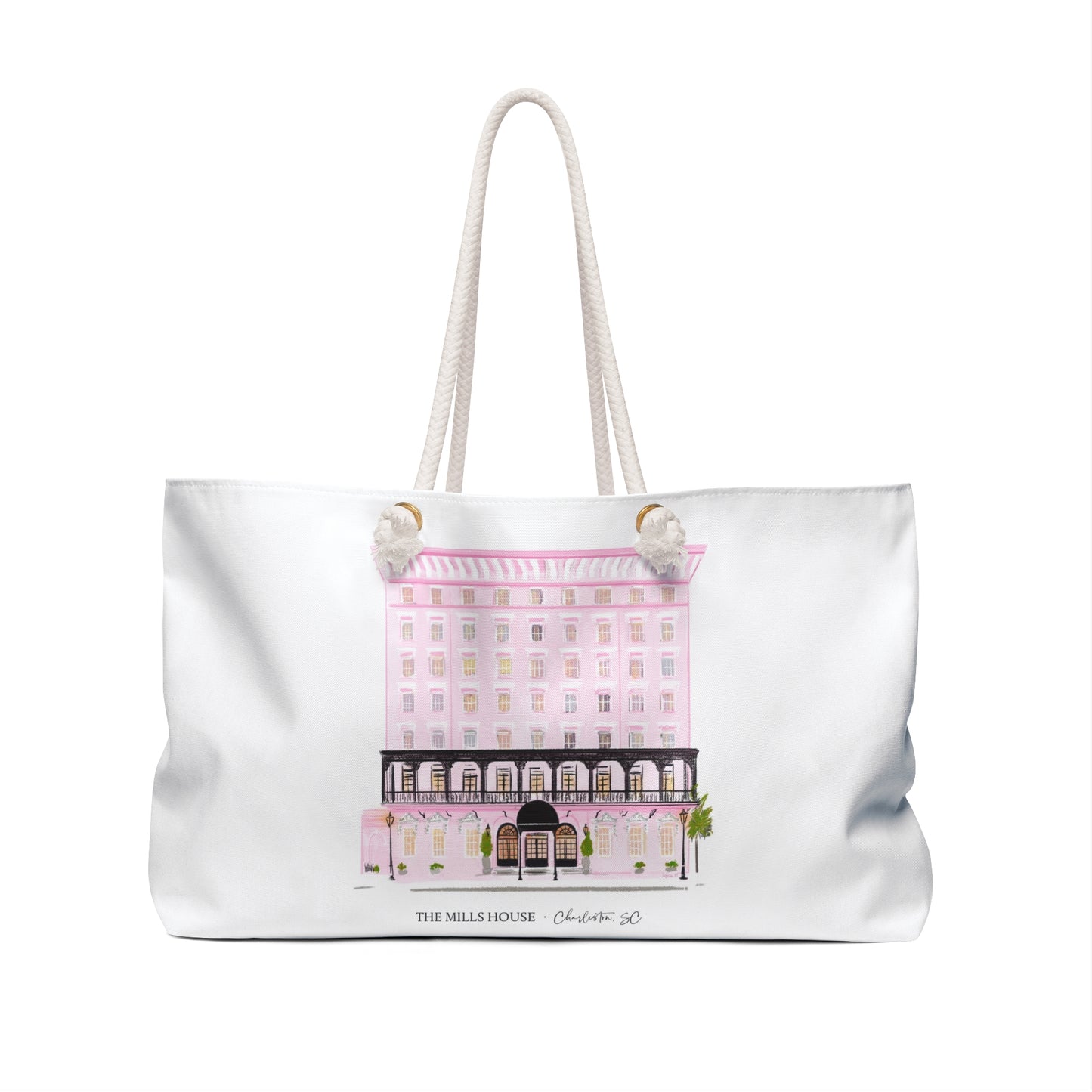 Illustrated Mills House Hotel tote bag featuring Charleston landmark artwork by Rebecca Illustrated