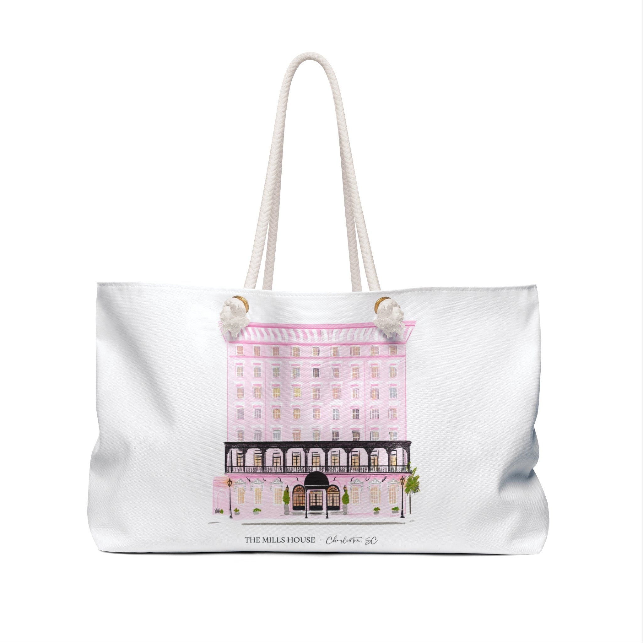 Illustrated Mills House Hotel tote bag featuring Charleston landmark artwork by Rebecca Illustrated