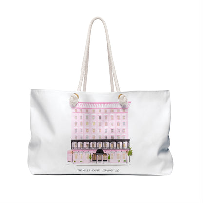 Illustrated Mills House Hotel tote bag featuring Charleston landmark artwork by Rebecca Illustrated