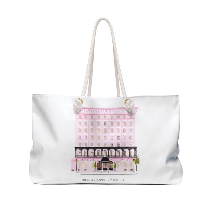 Illustrated Mills House Hotel tote bag featuring Charleston landmark artwork by Rebecca Illustrated