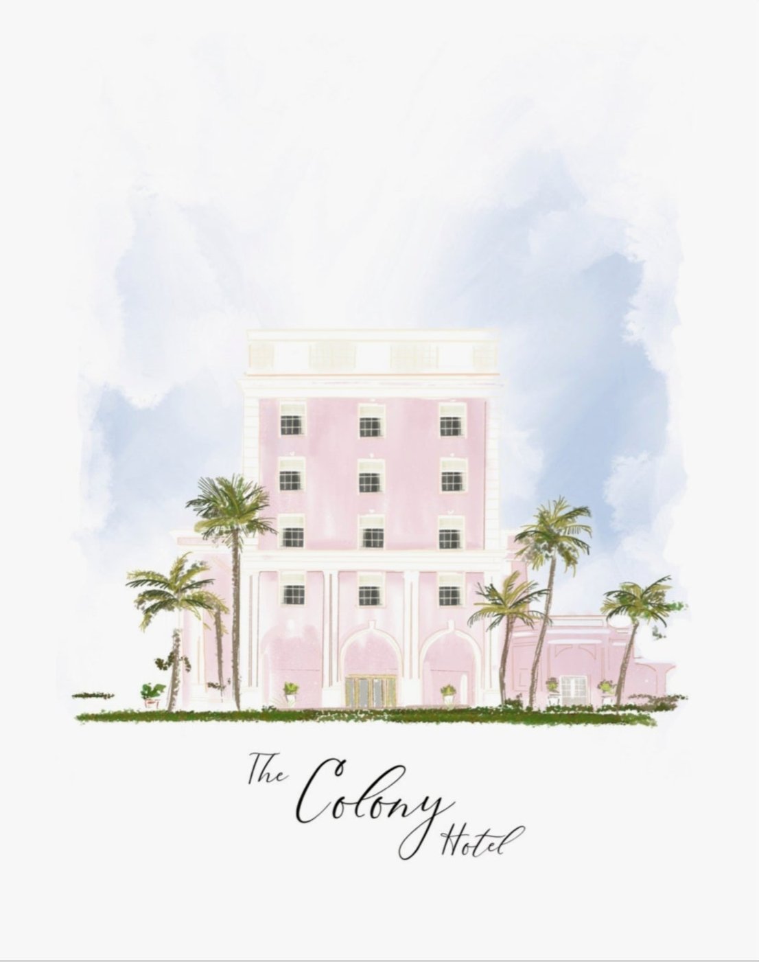 An illustrated art print of The Colony Hotel, depicted in a pink color with surrounding palm trees, on a white background with the title at the bottom.