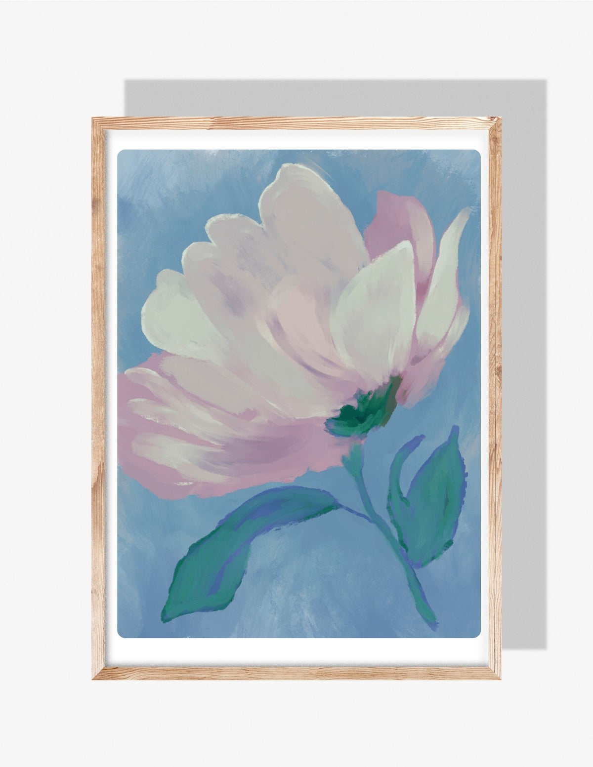 Soft impressionist painting of a blush-pink flower with green leaves on a blue background — art by Rebecca Illustrated