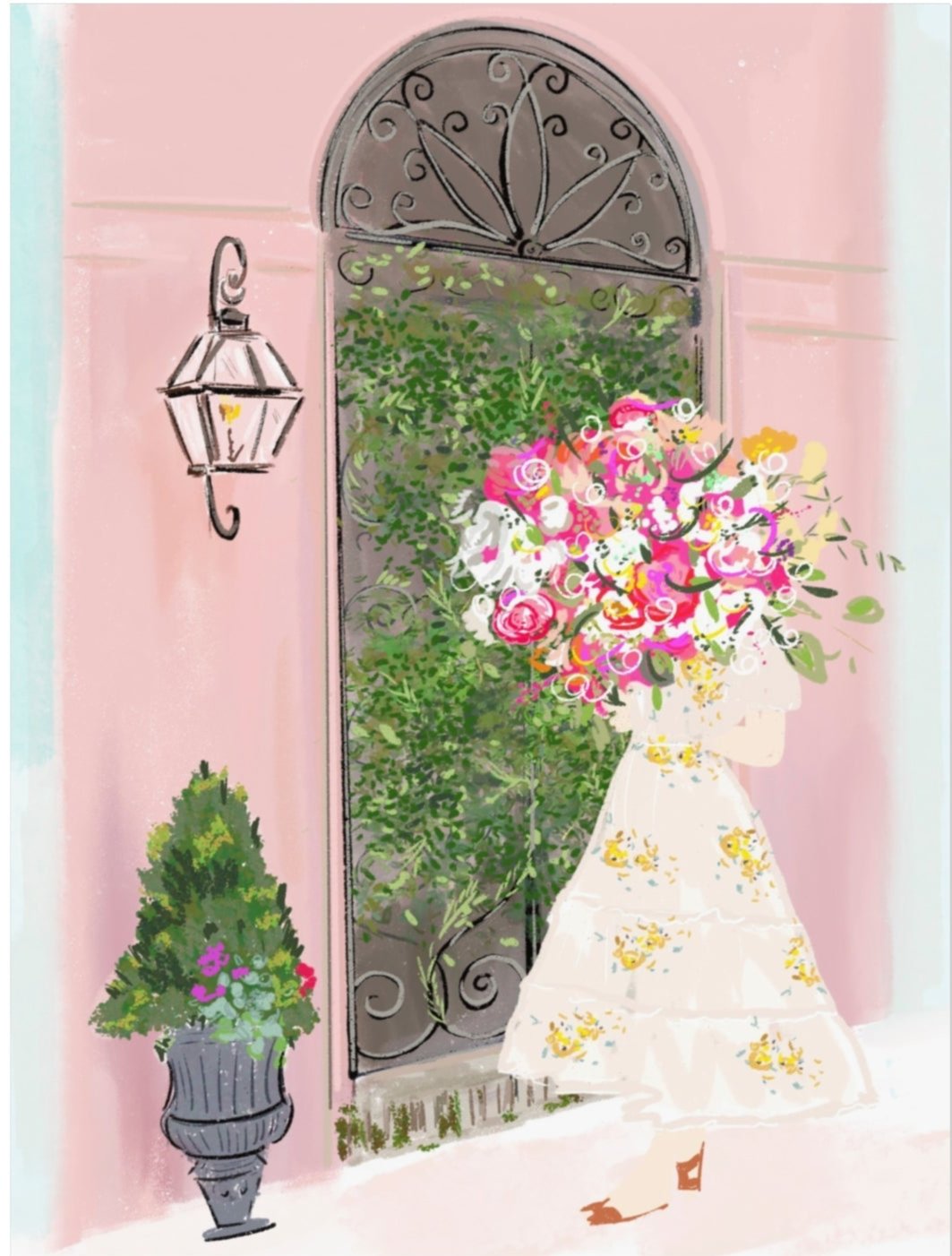 Illustration of a woman in a floral dress carrying a large bouquet of colorful flowers in front of a pink Charleston-style doorway, artwork by Rebecca Illustrated