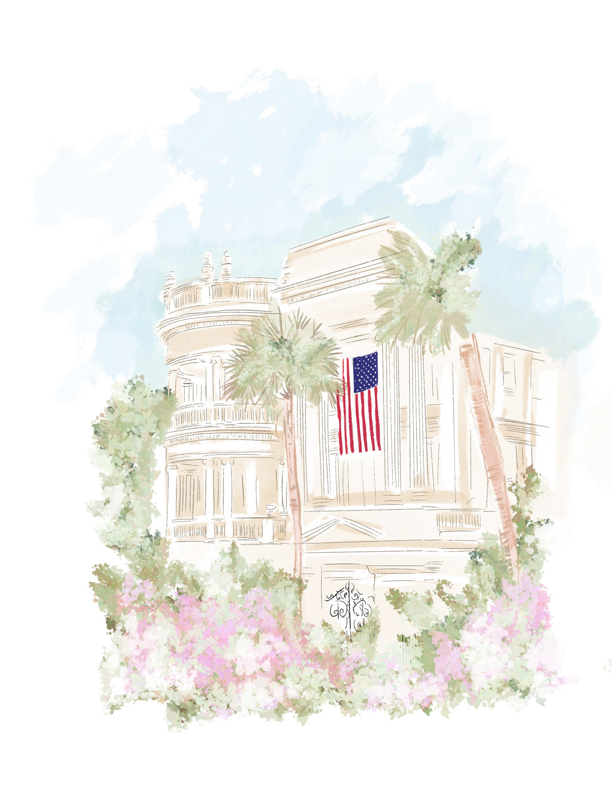 Watercolor illustration of a historic Charleston mansion with American flag, palmetto trees, and floral garden — art by Rebecca Illustrated.