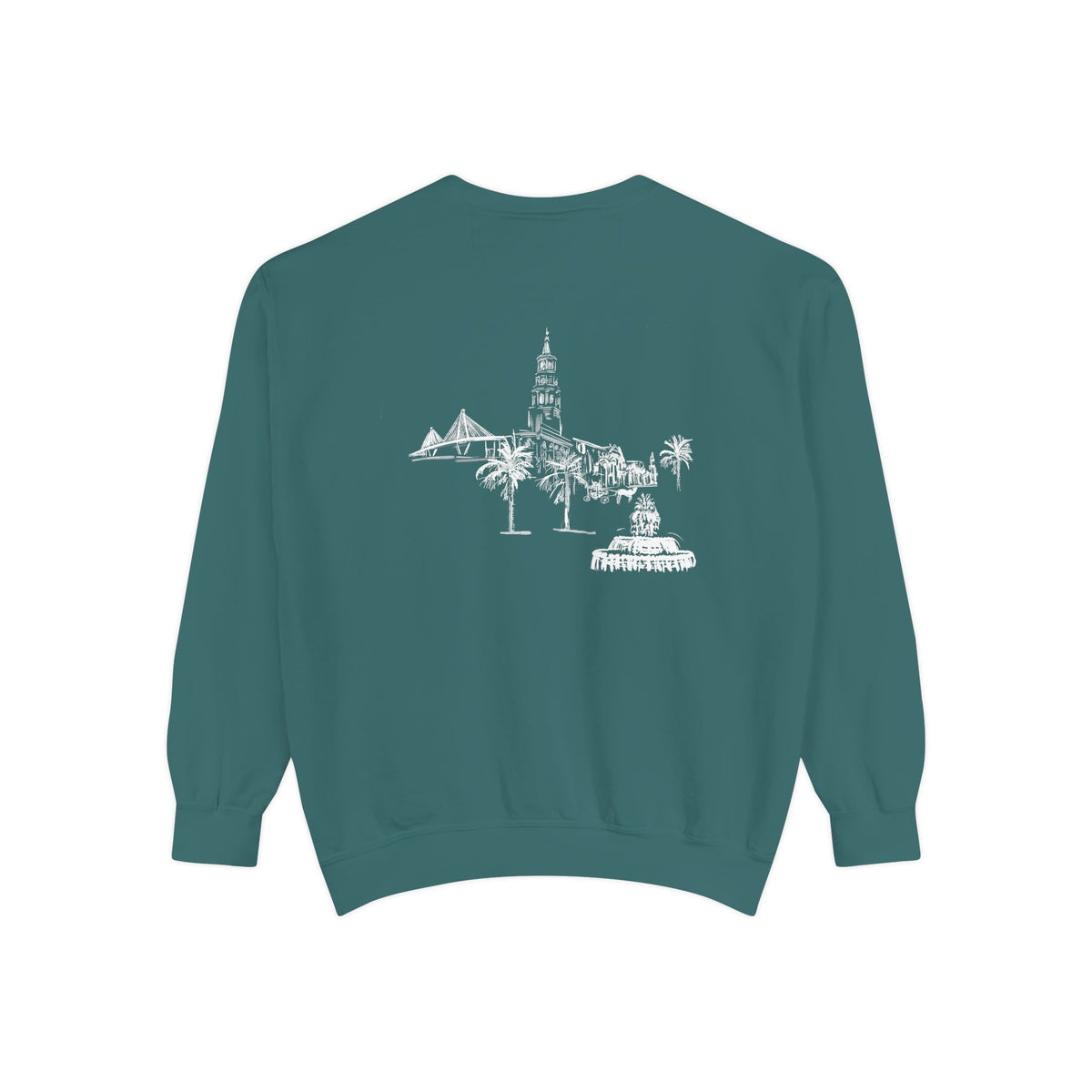 Back view of Charleston crewneck sweatshirt featuring matching Charleston skyline design, original art by Rebecca Illustrated.